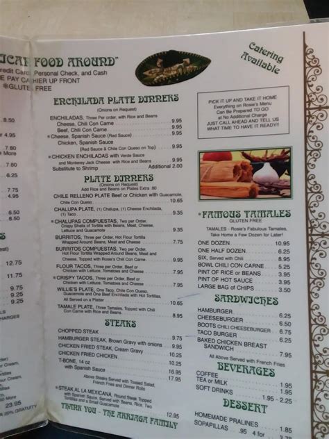 Menu at Rosie's Tamale House restaurant, Bee Cave, State Hwy 71