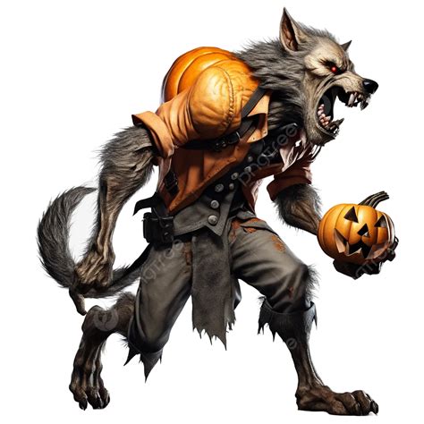 The Werewolf Character Roars And Carries A Halloween Pumpkin, The ...