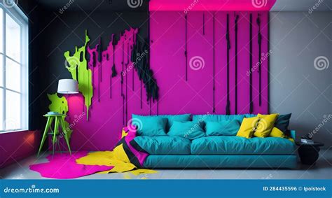 Vibrant Neon Paint Splashes Transforming Modern Living Room Wall Royalty-Free Stock Image ...