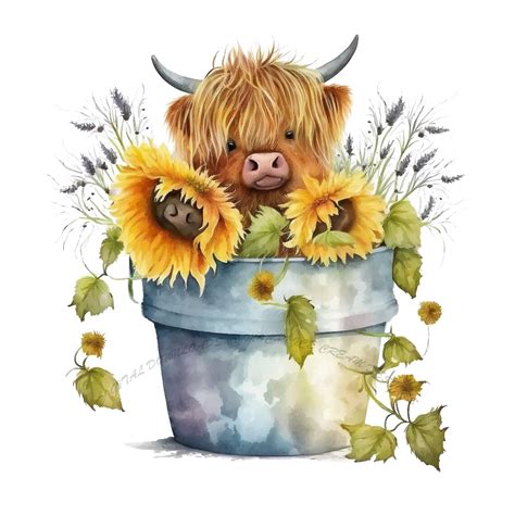 Highland Cow With Sunflowers PNG Digital Download - Etsy