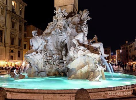 Four Rivers Fountain at night on Piazza Navona - Rome, Italy Photograph by Ulysse Pixel - Fine ...