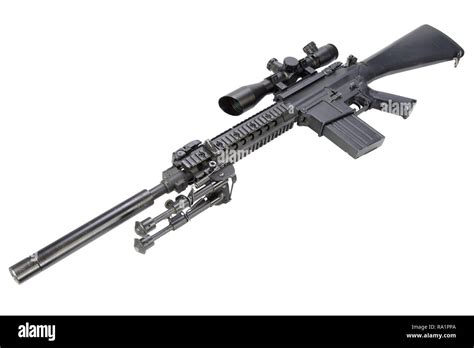 semi automatic sniper rifle with bipod and silencer isolated on a white background Stock Photo ...