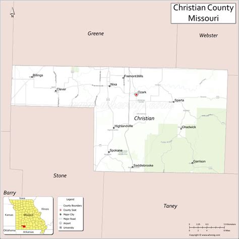 Map of Christian County, Missouri showing cities, highways & important places. Check Where is ...