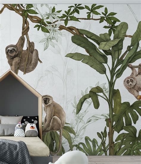 Colourful Jungle Animals Wallpaper Mural | Lemur, Lori, Lizards | Non Woven or Vinyl