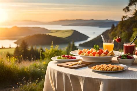 Premium AI Image | breakfast on a table with a view of a lake and mountains in the background.