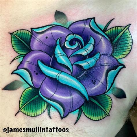 a purple rose with green leaves on it's chest is featured in this ...