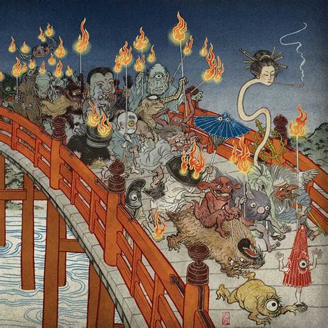 an illustration of people on a bridge surrounded by fire