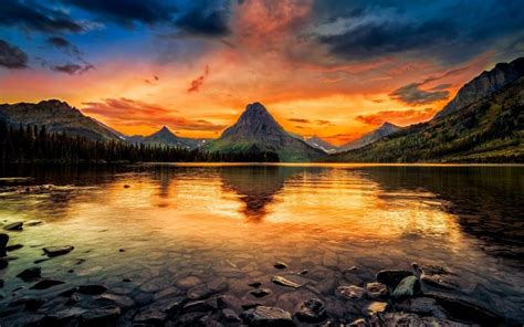 Two Medicine Lake, Glacier National Park, USA, mountains, clear water, sunset wallpaper | nature ...