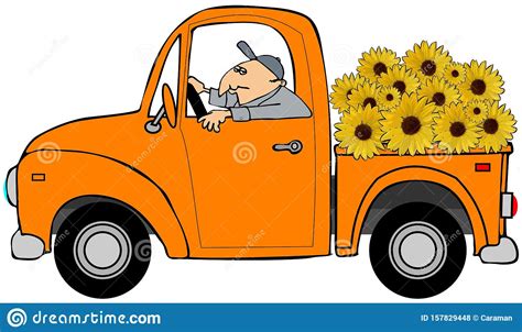 Man Driving a Truck Full of Sunflowers Stock Illustration - Illustration of male, cartoon: 157829448