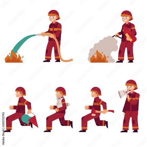 Fireman extinguishing fire set isolated on white background. Flat ...