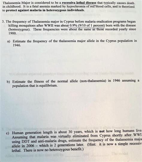 SOLVED: Thalassemia Major is considered to be a recessive lethal disease that typically causes ...