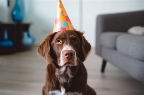 Premium AI Image | Dog wearing a party hat in the living room Brown ...