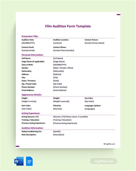 Free Audition Forms - Templates - Highfile