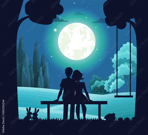 Night forest landscape, young romantic couple sitting on bench under ...