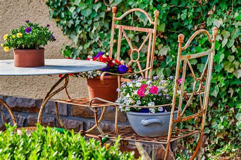 garden, terrace, flower pots, flowers, planted, pots, paved, seating, colorful, chair | Pikist