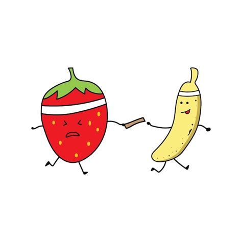 Premium Vector | Kids drawing style funny banana and strawberry run a ...