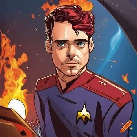 Comic book-style art of richard madden as star trek captain on burning skyscraper on Craiyon