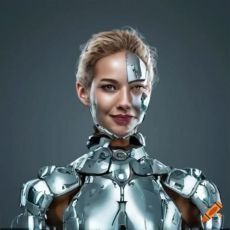 Futuristic female cyborg in chrome armor standing in a spaceship on Craiyon