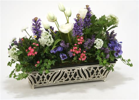 Silk Mixed Garden Planting in Cutwork Silver Rectangular Planter | Free Shipping in USA | 1001Shops