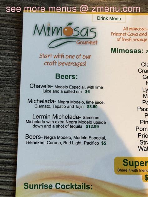 Menu at Mimosas restaurant, Stockton, 30 S S El Dorado St