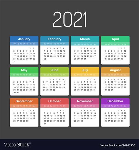 Calendar 2021 year template day planner Royalty Free Vector