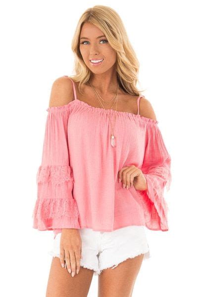 Carnation Pink Off the Shoulder Top with Lace Bell Sleeves - Lime Lush ...