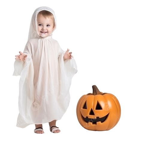 Little Child With White Dressed Costume Halloween Ghost Scary Holding Orange Pumpkin Ghost On ...