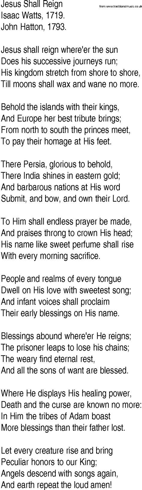 Hymn and Gospel Song Lyrics for Jesus Shall Reign by Isaac Watts