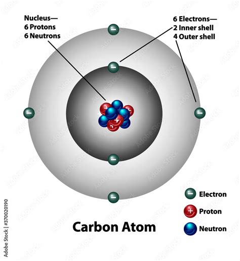 Molecular structure of a carbon atom. Electrons, protons, and neutrons ...