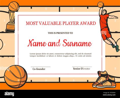 Certificate for basketball most valuable player. Sports club award ...