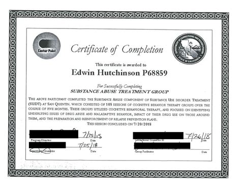 Between the Bars : Certificate of Completion of Substance Abuse Treatment Group — Edwin J. Hutchison