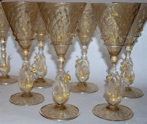 Set of Eight Venetian Glass Goblets Wine Water Swan Stem Vintage Stemware at 1stDibs | venetian ...