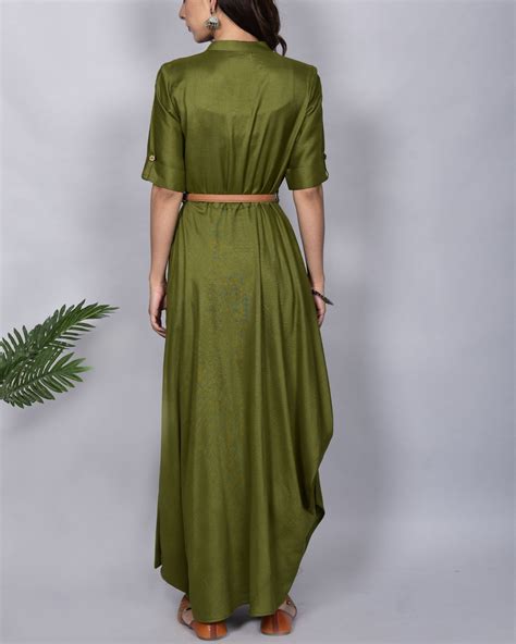 Olive green maxi dress with leather belt by Empress Pitara | The Secret Label