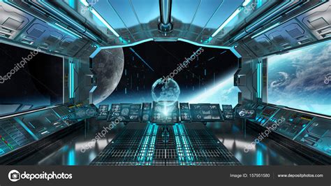 Spaceship interior with view on the planet Earth 3D rendering el Stock Photo by ©sdecoret 157951580