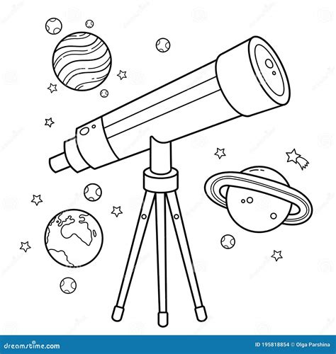 Coloring Page Outline of a Cartoon Telescope with Stars and Planets. Space and Astronomy Stock ...