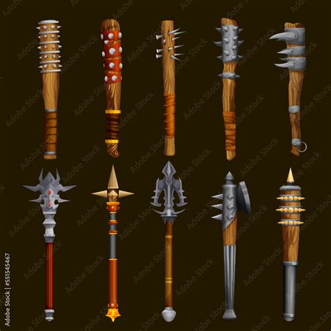 Vektorová grafika „Fantasy medieval club weapon game asset. Fairytale hammer, ancient bludgeon ...