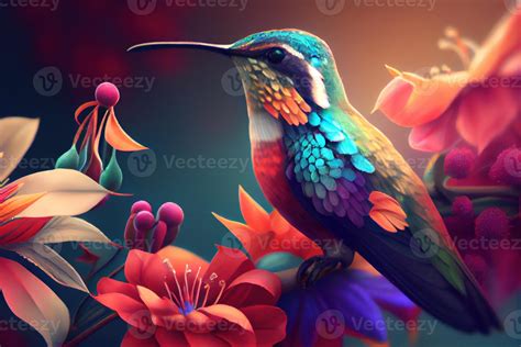 Colorful hummingbird on top of beautiful flowers. . Digital Art ...