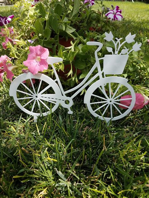 Metal Yard, Garden Art, Bicycle Bike With Basket of Tulips, Ground Stake, Flower Garden, Planter ...