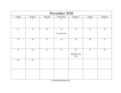 Editable Calendar November 2026