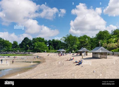 Old Greenwich, CT, USA-August 2020: Panoramic view over the beach of ...