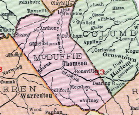 McDuffie County, Georgia, 1911, Map, Thomson, Boneville, Dearing, Cobbham