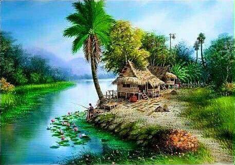 Pin by Arina Yusof on ~ SUASANA KAMPUNG ~ | Scenery paintings, Landscape illustration, Landscape ...