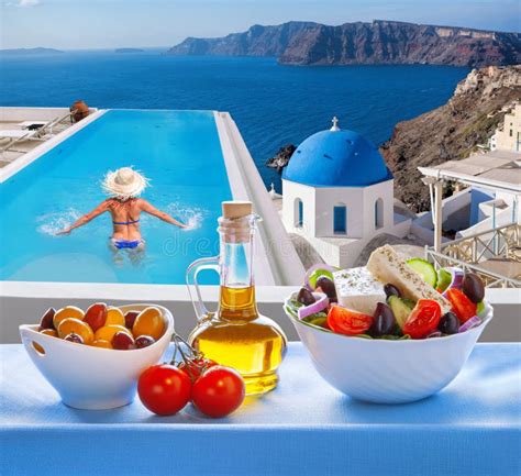 Santorini Island with Greek Food in Greece Stock Image - Image of pool, olive: 170024831