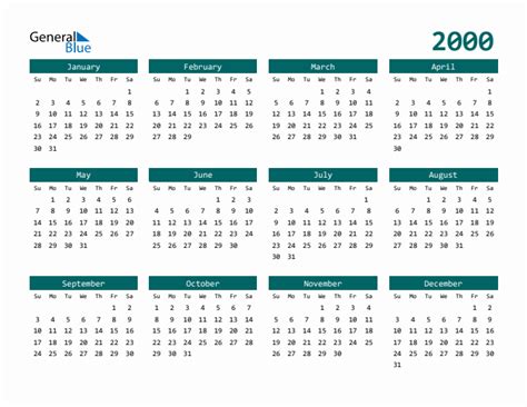 Free 2000 Calendars in PDF, Word, Excel