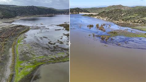 Before and after images of Irvine Lake with a billion gallons of new water