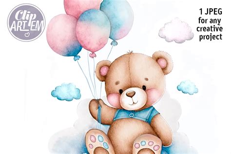 Pink Blue Bear with Balloons Jpg Image Graphic by clipArtem · Creative ...