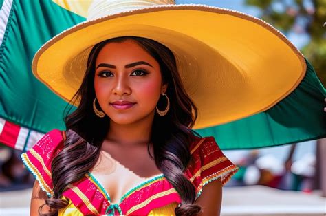 Premium Photo | A woman in a large yellow hat stands in front of a green and yellow flag.