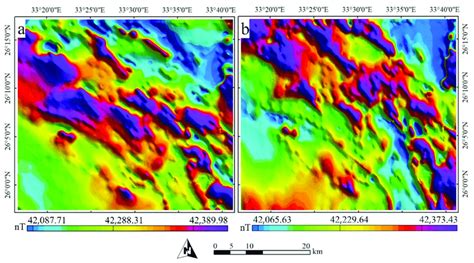 (a) Total magnetic intensity map, and (b) reduction to pole map. | Download Scientific Diagram