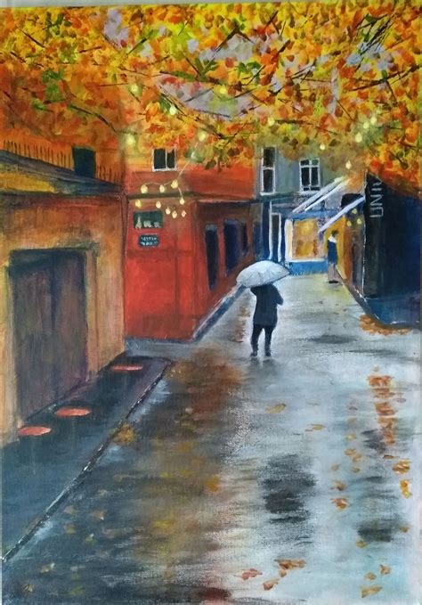 Autumn street scene. Acrylic painting on canvas. | Acrylic painting canvas, Street painting, Art