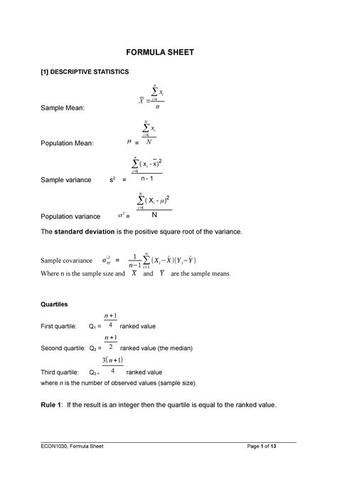 Formula Sheet Exam - FORMULA SHEET [1] DESCRIPTIVE STATISTICS n x i X i 1 n Sample Mean: N x i ...